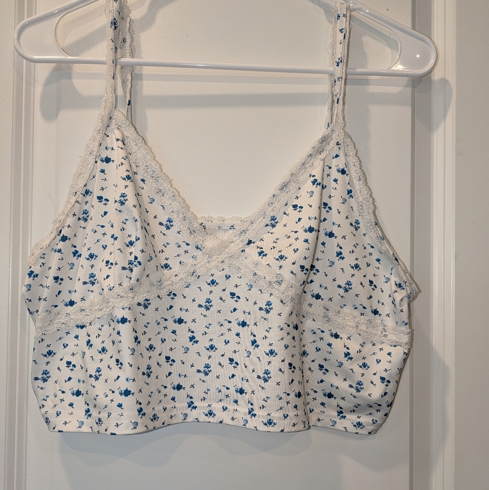 Cottagecore Blue Floral Lace Trim Bralette Crop Top XL